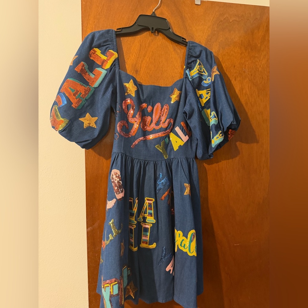 QUEEN OF SPARKLES Blue Denim 'Y'all' Puff-Sleeve Dress with Multicolor Appliqué